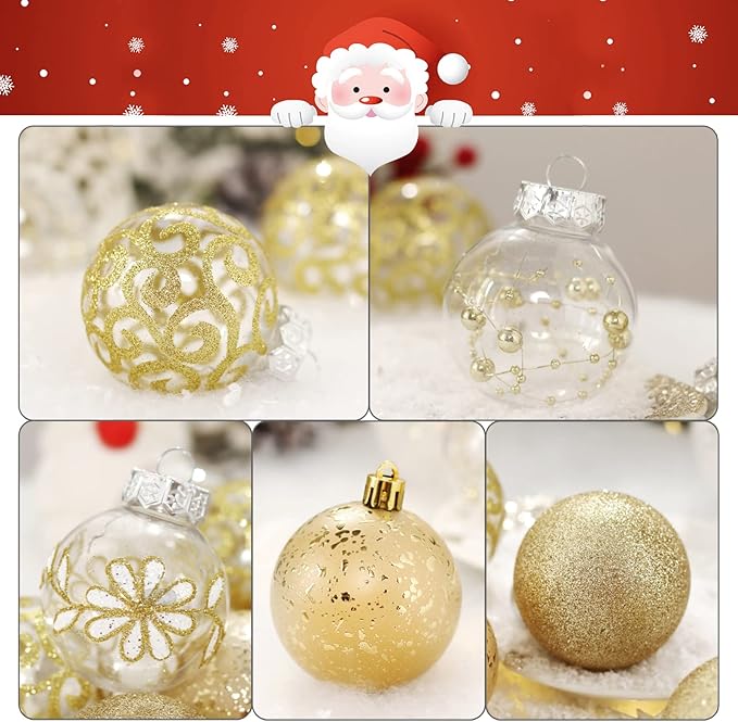 60mm/2.36inch Clear Christmas Ball Ornaments Set, 30ct Champagne Gold Christmas Ornaments Ball for Christmas Tree Decoration Shatterproof Transparent Baubles with Stuffed Decoration for Wedding Party