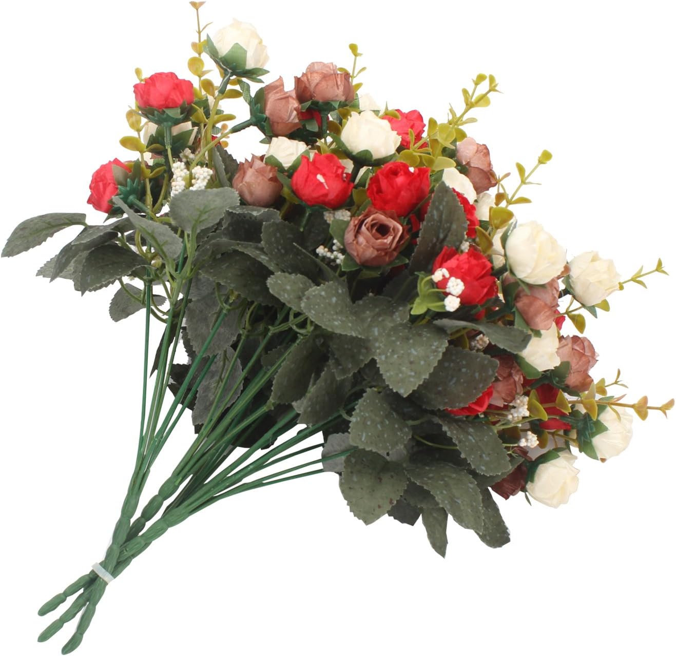 Duovlo 7 Branch 21 Heads Artificial Flowers Bouquet Mini Rose Wedding Home Office Decor,Pack of 4 (Red)