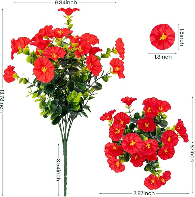 Artificial Faux Flowers for Outdoor 16 Bundles Boxwood Fake Morning Glory for Planter,UV Resistant Fake Flowers for Home Porch Patio Outside（Red）