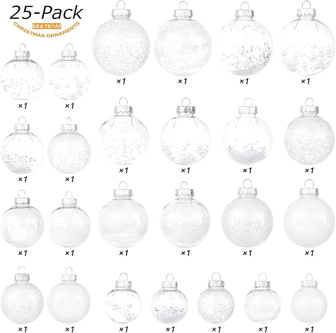 Sea Team Christmas Baubles Set Clear Plastic Shatterproof Multi-Size Decorative Christmas Baubles with Stuffed Delicate Decorations (25 Pieces, White)