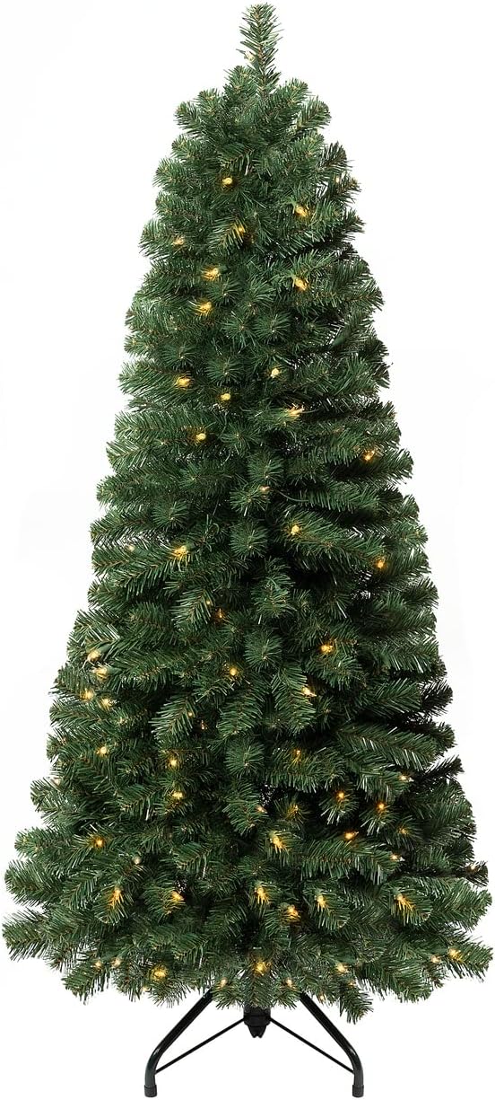 Vienna 4.5ft Prelit Slim Artificial Christmas Tree with 444 Branch Tips, 150 Warm Lights and Metal Stand, 25" Wide Realistic Skinny Pencil Christmas Tree with Lights by Naomi Home