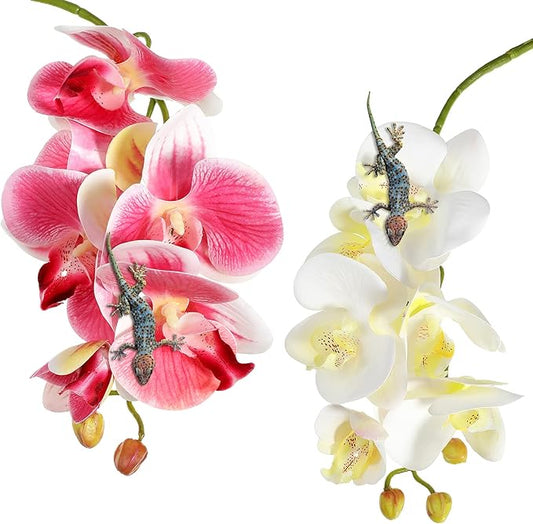 Chuangdi 2 Pieces Artificial Phalaenopsis with Suction Cups Terrarium Plant Decoration Reptile Habitat Plant Decor for Hermit Crab Lizards Geckos Snake Reptile (Dark Pink, White Yellow)