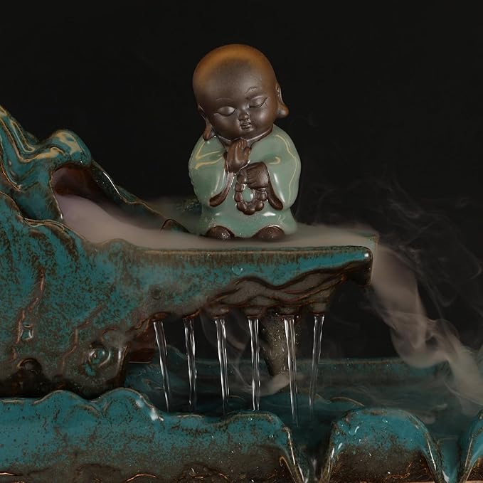 Backflow Incense Holder with Water Fountains and LED Light Indoor Water Fountains Tabletop Waterfall Fountains Desk Fountain for Feng Shui Wealth Boom with Mist for Home Office Bedroom (A)