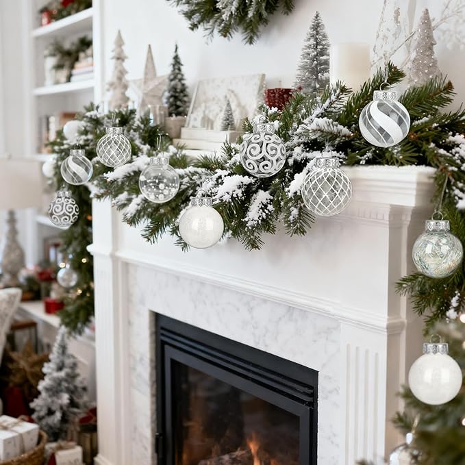 Ouddy Decor 36 Pcs Clear Christmas Ball Ornaments, 2.36" Shatterproof White Plastic Christmas Ornaments Set Decorative Hanging Transparent Baubles for Xmas Tree Holiday Party Decor, White