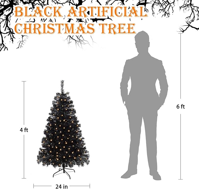 4FT Pre-Lit Black Christmas Tree, Small Artificial Halloween Tree with 450 PVC Branch Tips, 150 Warm Lights & Foldable Metal Stand Home Seasonal Holiday Decoration