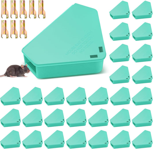 Qualirey 36 Pcs Mice Station with Key Triangle Bait Station Reusable Rodent Trap Bait Box, Keeps Children and Pets Safe Indoor & Outdoor, Bait Not Included, Suitable for Small Mice (Blue)