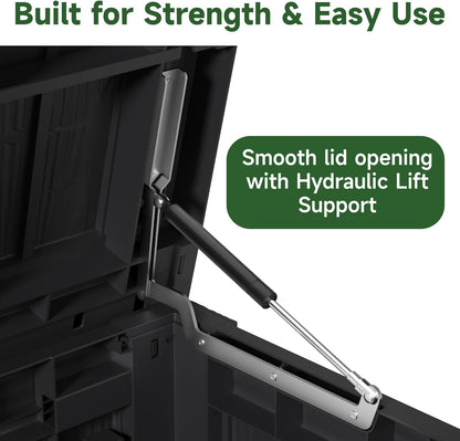 180 Gallon Outdoor Storage Box Waterproof, UV Resistant Resin Deck Box with Hydraulic Rod, Reinforced Stability for Patio, Garden, and Pool, Striped Black