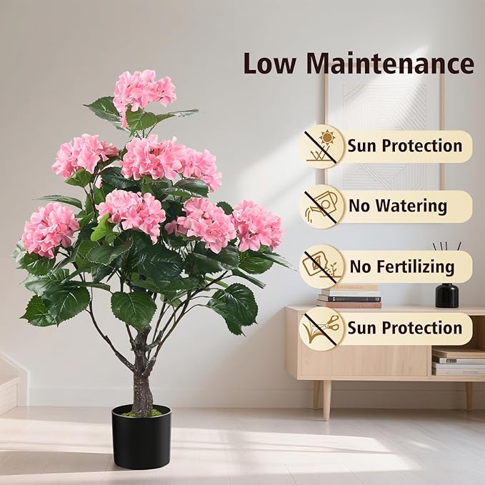 Romantic Season 38" Artificial Hydrangea Tree in Pot, Faux Potted Silk Hydrangea Plant for Indoor Outdoor Decoration, Lifelike Artificial Flower Tree for Home, Office, Patio, Garden Decor, Pink