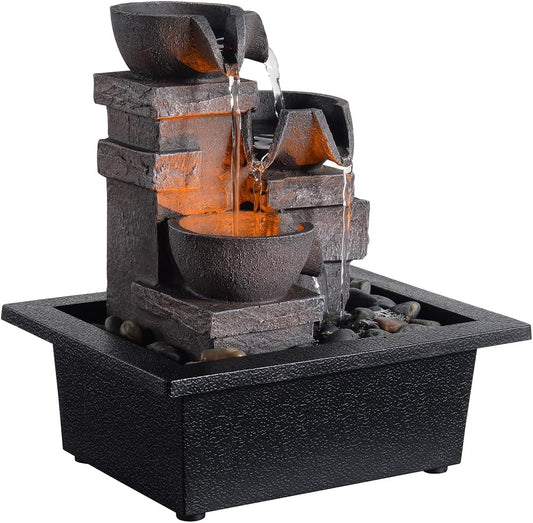 Indoor Fountain 3-Bowl Rockery Soothing Sound Tabletop Fountains Home/Office Decor with Natural River Rocks LED Lights Automatic Watering Pump(22044A)