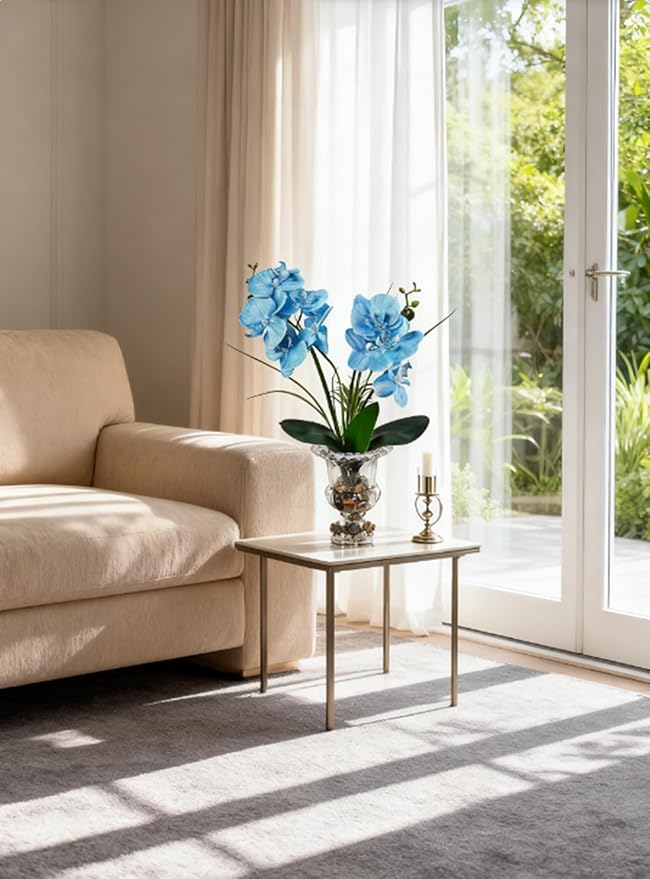 Jusdreen Artificial Blue Orchid in Glass Vase, Realistic Phalaenopsis Arrangement with Potting for Home Office Table Decor, 14.5 Inch Orchid Centerpiece