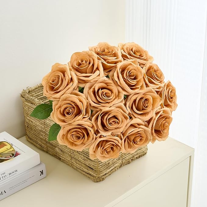 15pcs Terracotta Fake Roses Artificial Silk Flowers Faux Rose Flower Long Stems Bouquet for Arrangement Wedding Centerpiece Party Home Kitchen Decor