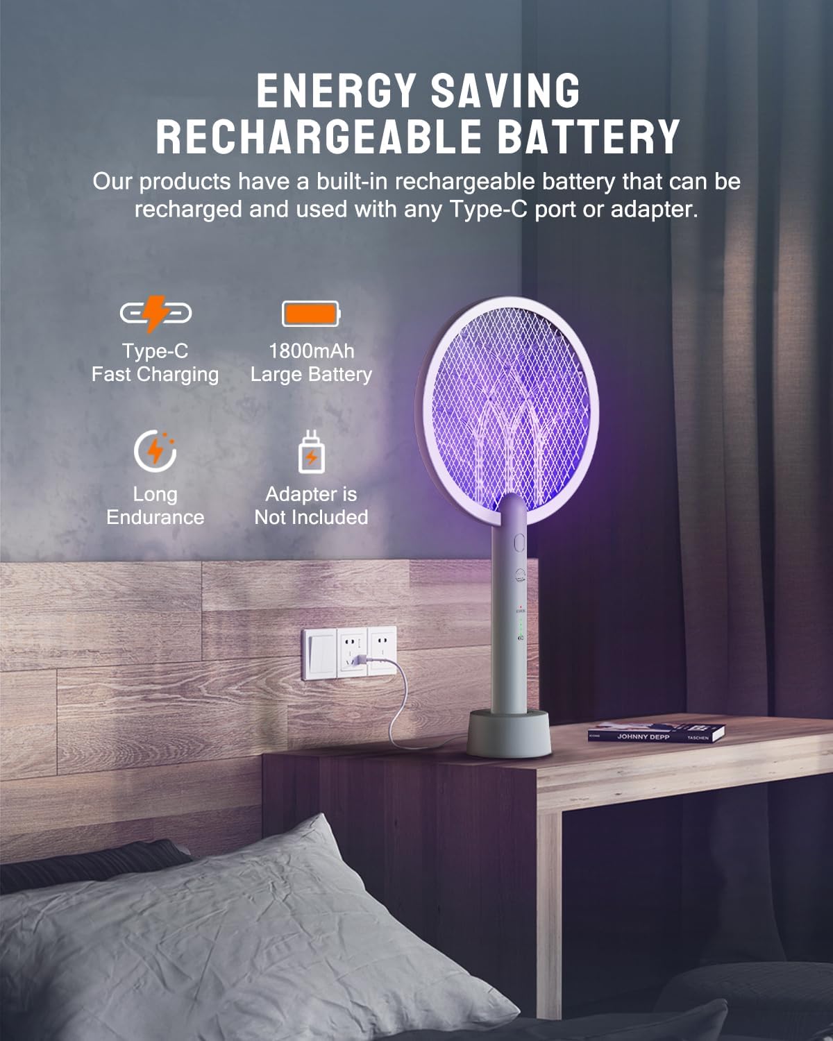 Electric Fly Swatter Racket, Mosiller 2 in 1 Bug Zapper with Type-C Rechargeable Base, 4000V Mosquito Killer with 3-Layer Safety Mesh for Pest Insect Control for Indoor、Office、Camping(Grey-1 Pack)