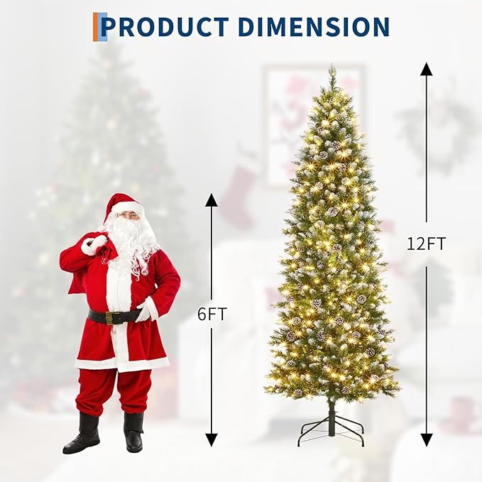 GarveeHome 12 ft Pencil Christmas Tree Pre-lit Slim Holiday Decoration, Skinny Décor LED Lights, Metal Stand,Xmas Tree for Room, Bedroom, Apartment, Outdoor Porch, Office, Green and White