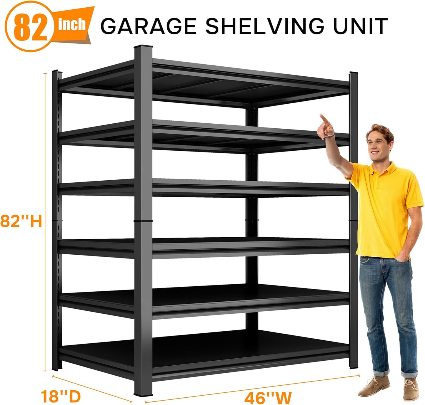 Garage Shelving Heavy Duty Garage Storage Shelves, 3600 LBS Adjustable 6 Tier Industrial Shelving Unit, Metal Utility Shelf for Basement, Warehouse and Workshop (82''Hx46''Wx18''D, Black)