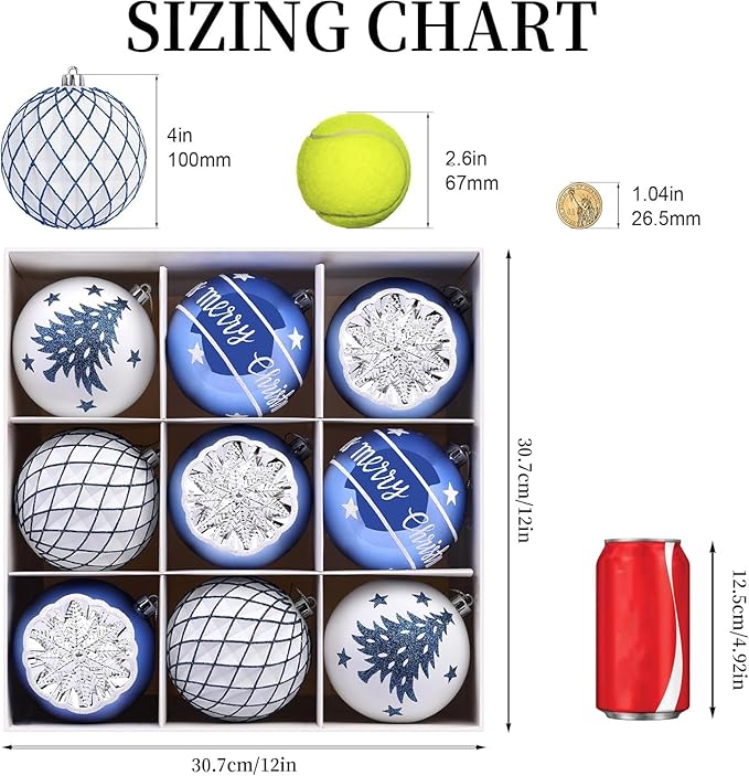 SHareconn 100MM/4 Inch 9PCS Large Christmas Balls Ornaments, Shatterproof Plastic Hanging Big Baubles Set for Xmas Tree Decoration Holiday Party Wedding Decorations with Hook, Blue and White