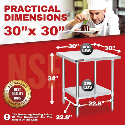 DuraSteel 30x30 Stainless Steel Work Table - NSF Commercial Prep Metal Table - Outdoor Pizza Oven Stand w/Under Shelf - Kitchen Island Laundry Utility Garage Microwave Stand Large Rolling Storage Cart