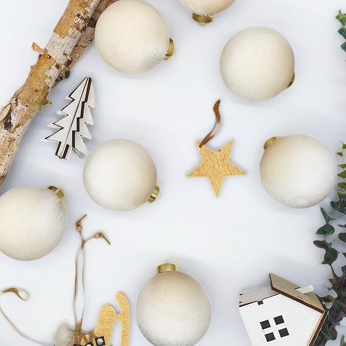 18PCS White Velvet Christmas Ornaments Set – Large Matte Flocked Shatterproof Baubles for Xmas Tree Decoration, Warm Neutral Hanging Ornaments for Holiday & Home Décor (Ivory White, 3 Inch / 8 cm)
