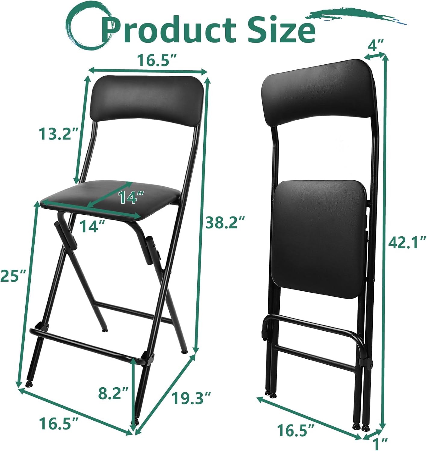 V&LX Folding Bar Stool with Backrest Leather Padded Portable Folding Stool Chair Counter Height Foldable Collapsible Stool for Kitchen Bar 2 Pack (Black, 25" H 2Pack)