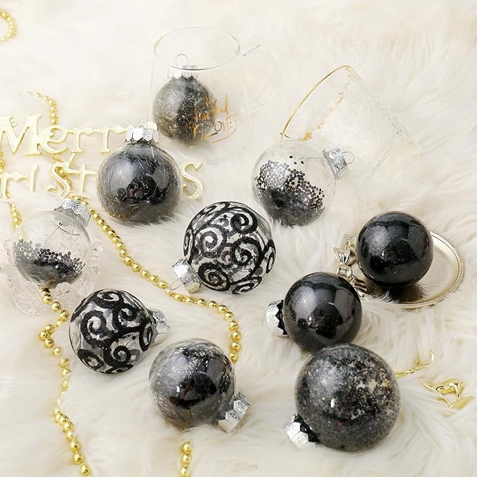Wironlst Christmas Ball Ornaments Shatterproof Clear Large Plastic Hanging Ball Decorative Baubles Set with Stuffed Delicate Decorations (70mm/2.76", Black)