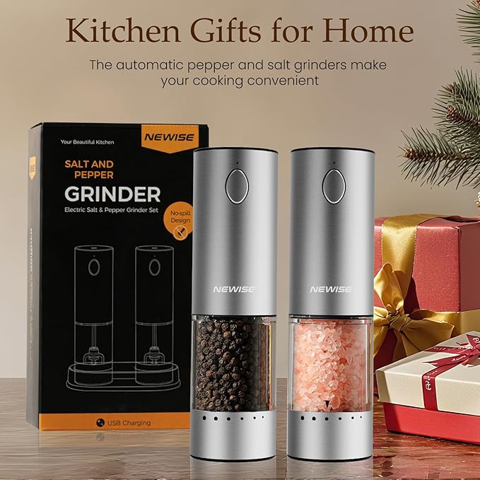 Electric Salt and Pepper Grinder Set - Christmas Kitchen Gift, Rechargeable with LED Lights, Stainless Steel Automatic Mill, Adjustable Coarseness, Large Capacity, Silver