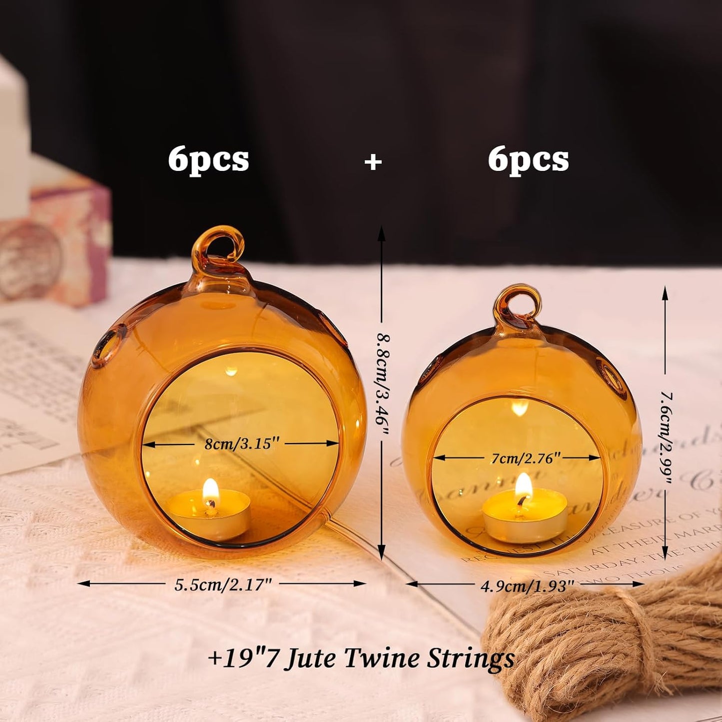 LETINE Assorted Amber Glass Orb Set (12pcs) with 2.17" & 1.93" Spheres - Versatile Tea Light Candle Holders & Air Plant Holders for Boho Wedding Decor