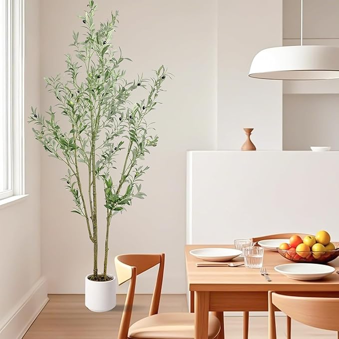 Artificial Fake Olive Tree 6FT Tall 1Pack with White Planter Faux Silk Olive Tree for Home Living Room Office Decor Faux Artificial Plants Indoor with Fruit & Free Moss