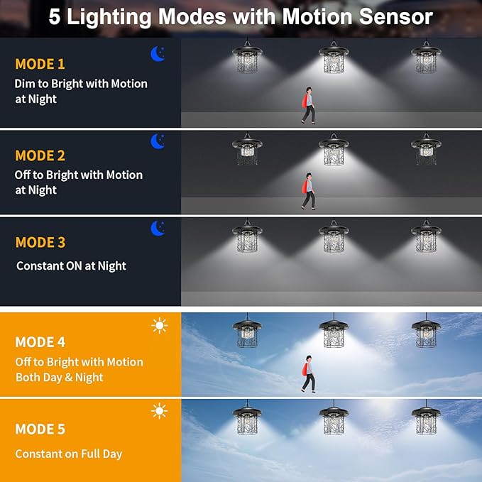 Solar Star Pendant Light - 3000LM Outdoor Solar Chandelier with Motion Sensor, Gazebo Lighs with Remote Control, 5 Modes, 3 Color Temperatures for Patio, Garden, Gazebo, Umbrella(16.4FT Cord)
