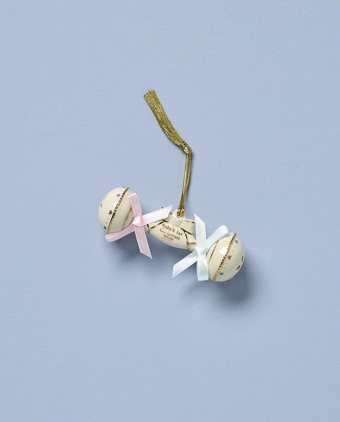 Lenox Ornament, 2025 Babys 1st Christmas Rattle Ornament, Porcelain with Gold Accents and Hanging Cord, Christmas Decorations, Blue/Pink Ribbons, Winter Tree Decor, Winter Decor (Cream, 1 Piece)