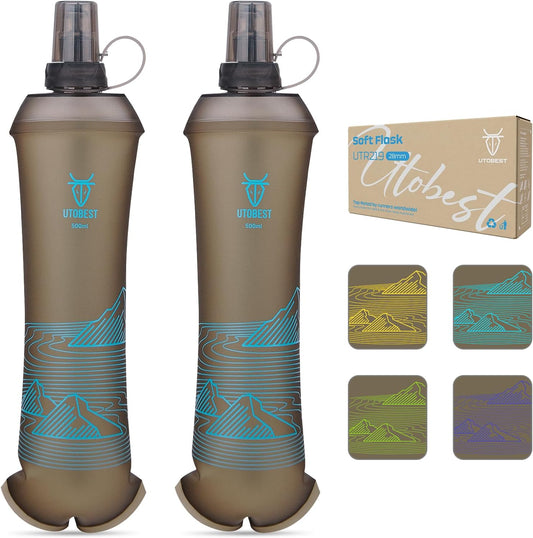 UTOBEST 500ml Soft Flask, 2 Pack Flexible TPU Hydration Water Bottle, Collapsible with 28mm Caliber for Running, Hiking, Cycling, Climbing, and Marathon Blue