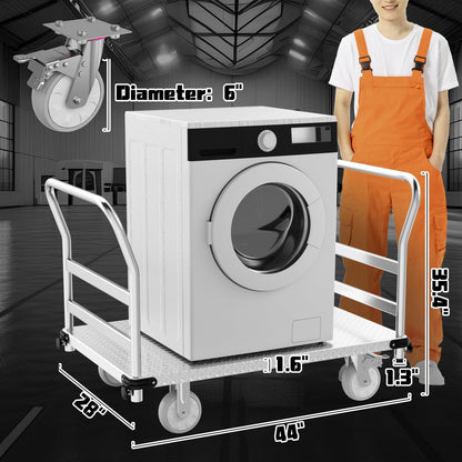 Platform Truck 3000LBS Capacity Industrial Flatbed Cart with 2 Detachable Handels, 44" x 28" Push Dolly with 6" Rubber Swivel Wheels, Heavy Duty Flat Cart Hand Truck for Industrial and Commercial