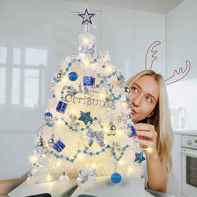 Juegoal White Mini Christmas Tree, 24 Inch/2 FT Lighted Tabletop Artificial Xmas Pine Tree, Small Spruce Tree Light Up Battery Operated & Timer with 50 LED Lights, for Holiday Winter Home Party Decor