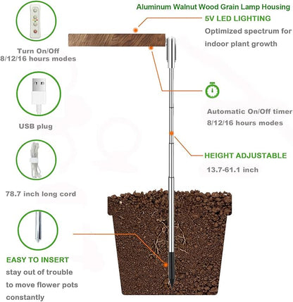 yadoker Plant Grow Light, LED Growing Light Full Spectrum for Indoor Plants,Aluminum Walnut Wood Grain Plant Lights,Height Adjustable, Automatic Timer, 5V Low Safe Voltage,Idea for Large Plant Light，
