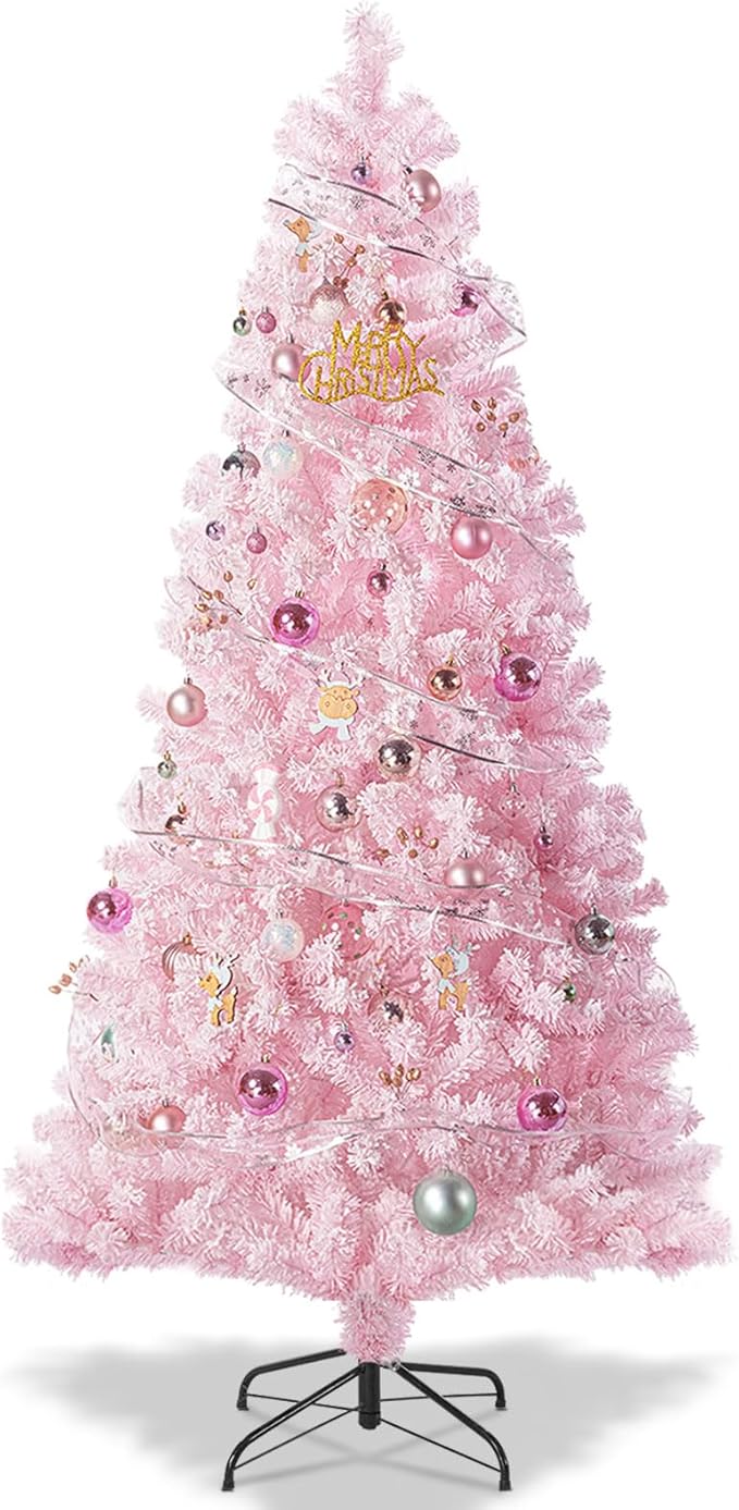4.5FT Pink Artificial Christmas Tree with 400 Realistic Branch, Flocked Full Xmas Tree with Foldable Stand, Easy Assembly Hinged Pine Tree for Home, Shop, Office, Party Holiday Decoration