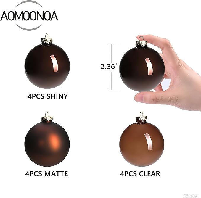 Brown Glass Christmas Ball Ornaments for Tree, 2.36” Christmas Hanging Ornaments Set of 12 Xmas Baubles for Holiday Party Xmas Tree Decorations Gifts