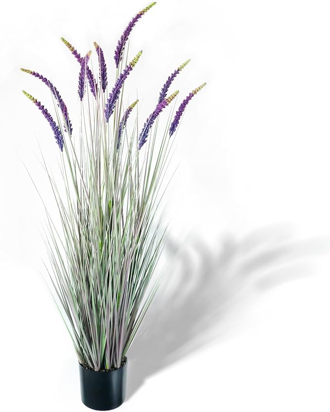 KOL 5ft Artificial Veronica Horsetail Reed Grass – 59in Tall Faux Purple Grass Plant in Pot, Indoor Outdoor Artificial Greenery for Home, Office, Patio & Wedding Décor, UV Resistant