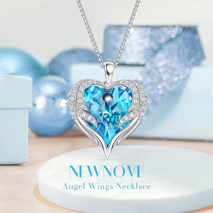 NEWNOVE Preserved Real Light Blue Rose with Angle Wings Necklace, Anniversary Birthday Gifts for Women Wife Girlfriend Mom Gift Ideas for Christmas Mothers Day Valentines Day, I Love You Gifts for Her