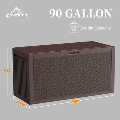 90 Gallon Resin Deck Box, Weatherproof Outdoor Storage Box for Patio, Garden, Pool, and Yard, Lockable Waterproof Bin for Tools, Cushions, and Accessories, Brown