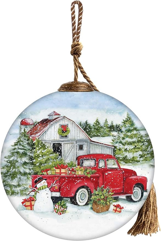 Red Truck Christmas Ornament with Gifts and Barn – Farmhouse Holiday Decor – Hand-Painted Glass Vintage Red Truck Ornament for Christmas Tree