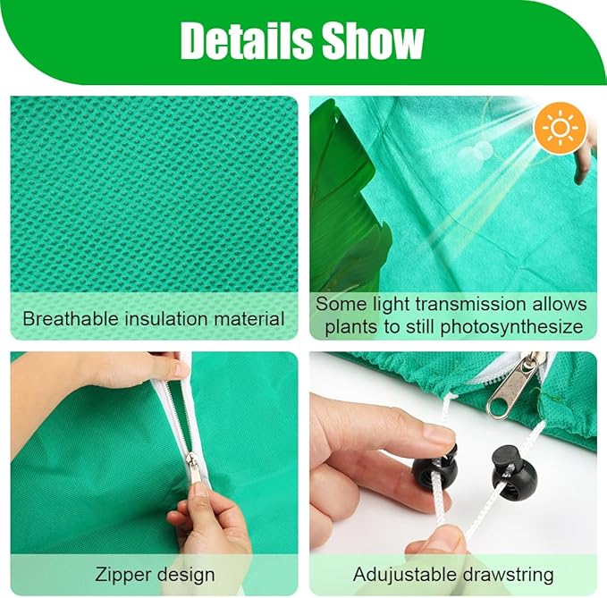 Plant Covers Freeze Protection 2-Pack, 47.3" x 70.9" Frost Covers with Zipper Drawstring, Outdoor Winter Frost Cold Weather Shrubs Trees Jacket Covers Green