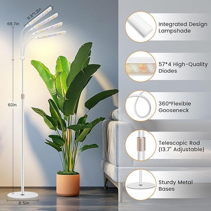 Grow Lights for Indoor Plants, 4-Head Full Specturm Plant Grow Light with 4/8/12/16H Timer, 3 Color Modes, 5 Brightness, 24-68.7in Height Adjustable Floor Growing Lamp for Tall Large Plants