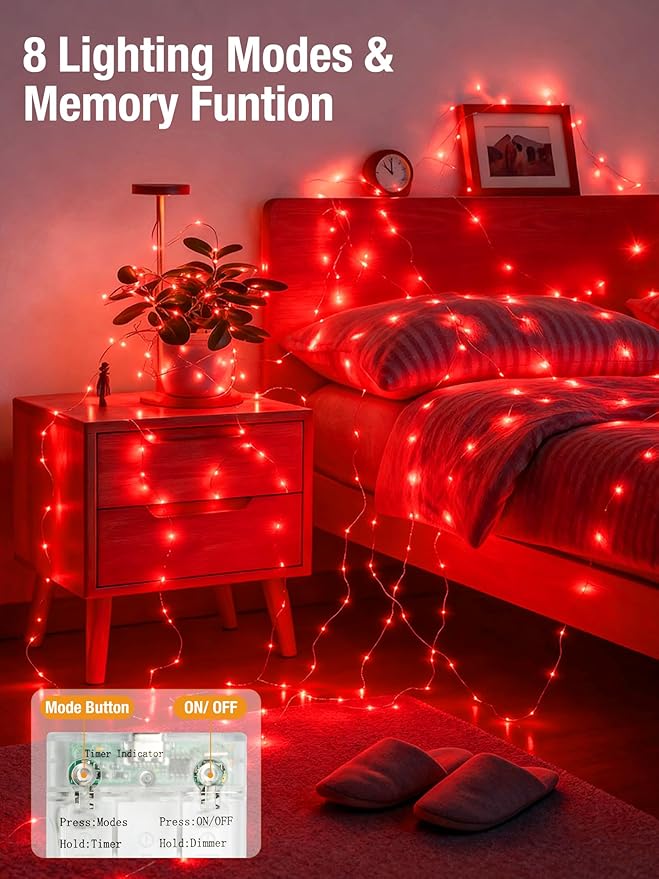 btfarm 4 Pack Fairy Lights Battery Operated with Timer, 16.4 FT 50 LED Silver Wire Twinkle String Lights 8 Modes Dimmable Waterproof for Indoor Christmas Bedroom Wedding Decorations, Red