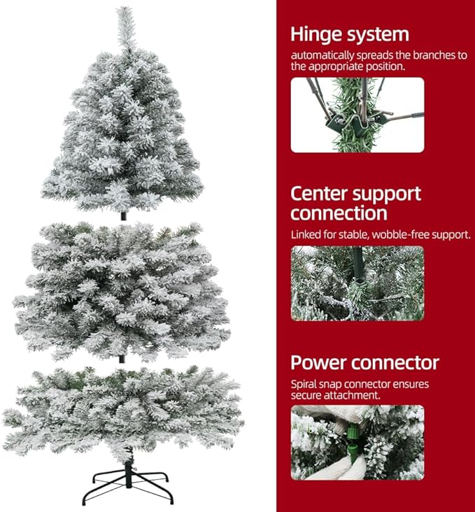 Prelit Christmas Tree with Lights 6ft - Premium Snow Flocked Artificial Xmas Tree,with 874 Branch Tips and 250 Warm Lightsm,Support Automatique,Perfect Choice for Christmas Decorations,White