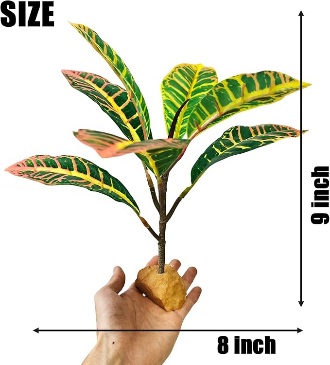 Woyrise Reptile Plants for Terrarium, 9" Fake Rubber Tree Ball Python Tank Accessories Habitat Decor fit Crested Gecko Leopard Bearded Dragon Lizard Chameleon Snake - Codiaeum variegatum