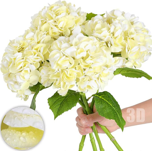 Nubry 22.44In Beige Hydrangea Artificial Flowers,4Pcs Latex Faux Real Touch Large Hydrangea Flowers with Long Stems & Leaves for Home Office Decor Wedding Party Arrangements(Beige)