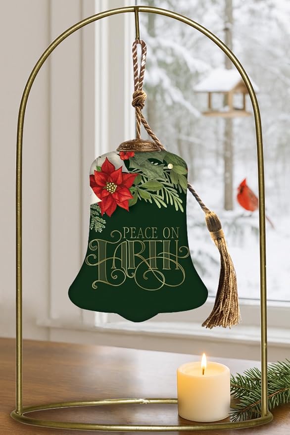Peace on Earth Bell Ornament– Hand-Painted Glass Christmas Ornament – Green Bell Holiday Decoration with Poinsettias – Peace on Earth Christmas Ornament