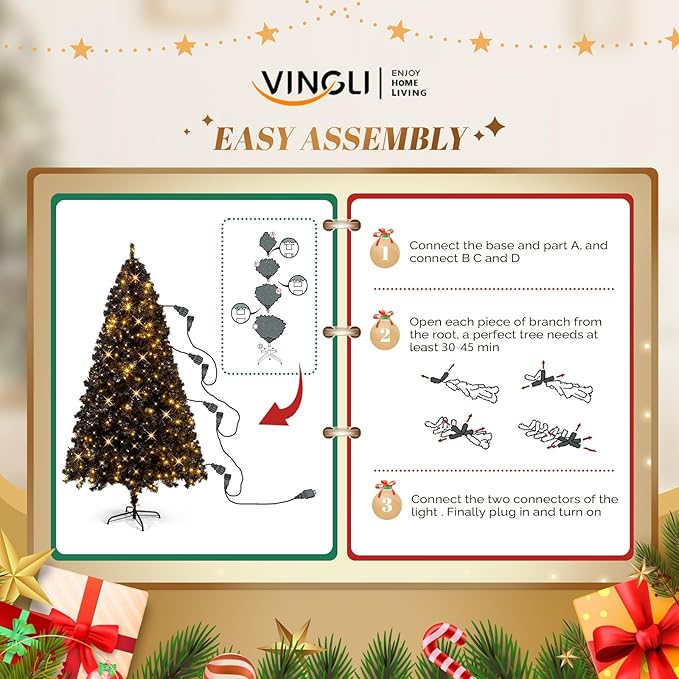 VINGLI 7ft Black Artificial Christmas Pine Tree with 400 Warm White Lights, Pre-Lit Xmas Tree with 1350 Full Branch Tips, Sturdy Metal Stand, 8 Color Modes for Holiday & Party Decor