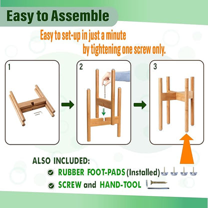 ZPirates Plant Stand for Indoor - Adjustable Sideways to fit 8 10 or 12 Inch-wide Medium-Large Planter Pots - Ideal for Live and Fake, Corner and Floor Plants - 14-inch Tall - Bamboo Wood