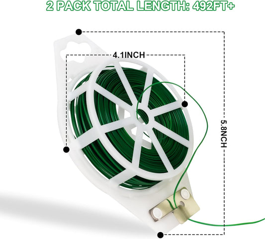 2 Pack 492FT Garden Twist Tie with Built-in Cutter, Rustproof Green Coated Plant Ties for Gardening, Flexible Reusable Tomatoes Ties Support for Indoor Outdoor Home and Office Use