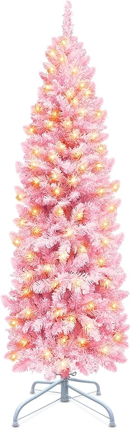 5 Ft Prelit Pink Artificial Pencil Christmas Tree Decoration 180 Warm White Lights 550 Branch Tips Metal Stand Slim Tree Xmas Decor Indoor Outdoor Home Holiday
