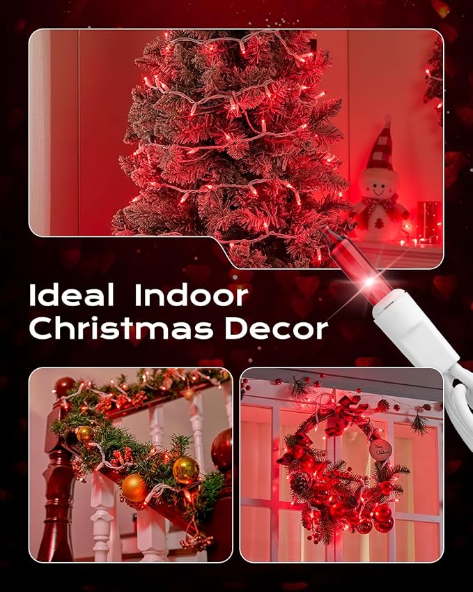 Brightown Red Mini String Lights, 100-Count 26.5ft Incandescent Bulb Valentine's Day Fairy Lights for Indoor Holiday Decoration, Christmas Tree Garland Wedding Party Multi-Use, White Wire